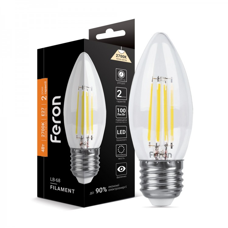 Світлодіодна LED-лампа Feron LB-68 4W Е27 C37 свічка Filament 2700K/4000K димована