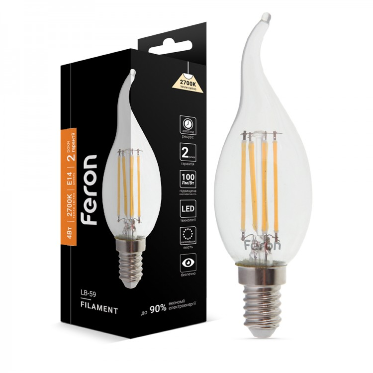 Світлодіодна лампа Feron LB-59 4W E14 Filament CF37 свічка на вітрі 400Lm 2700K / 4000K