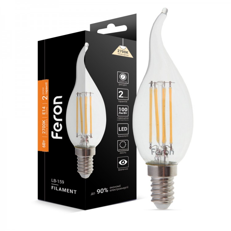 Світлодіодна лампа Feron LB-159 6W E14 Filament CF37 свічка на вітрі 600Lm 2700K / 4000K, фото 1