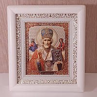 Икона Николая Чудотворца Святителя, лик 10х12 см, в белом деревянном киоте