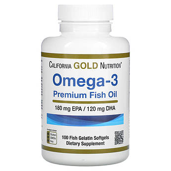 Омега-3 180 EPA 120 DHA California Gold Nutrition Omega 3 з риб'ячого жиру преміум класу 100 капсул