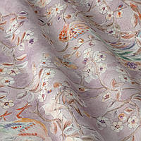 Декоративні тканини бежевий квітковий візерунок з птахами на фоні бузкового 280см 84660v3