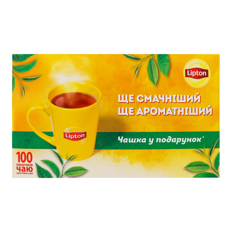 Подарунковий набір чорного з чашкою чаю Lipton Yellow Label 100 пакетиків, фото 1