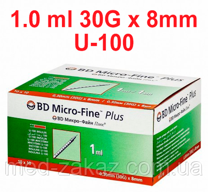 Інсуліновий Шприц BD Micro-Fine Plus 1,0 мл 30G 0,30 x 8 мм U-100 (100 шт.) REF 320929