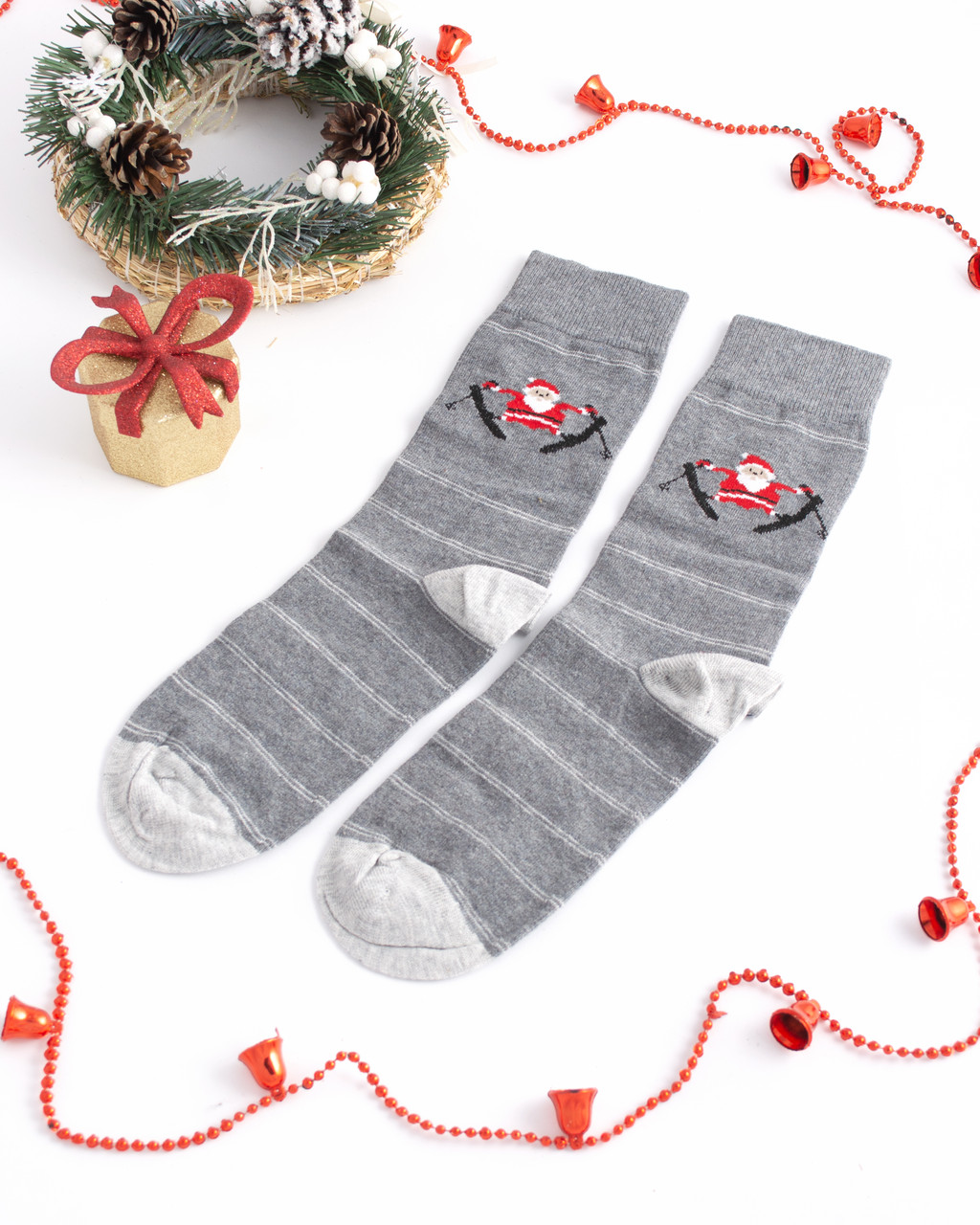 Чоловічі шкарпетки стрейчеві новорічні Санта-лижі Сірі