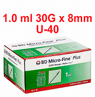 Шприц инсулиновый BD Micro Fine Plus 1,0мл 30G 0,30 x 8 мм U-40 (100 шт.) REF 320911