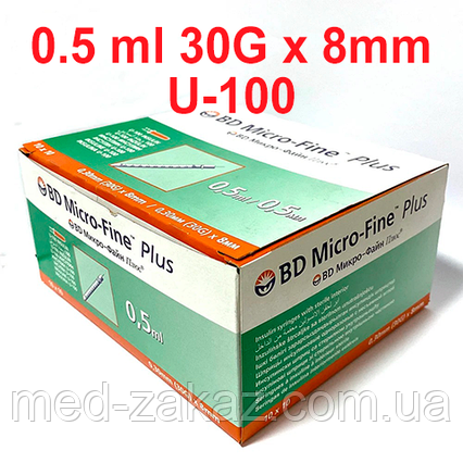 Інсуліновий Шприц BD Micro-Fine Plus 0,5 мл 30G 0,30 x 8 мм U-100 (100 шт.) REF 320930