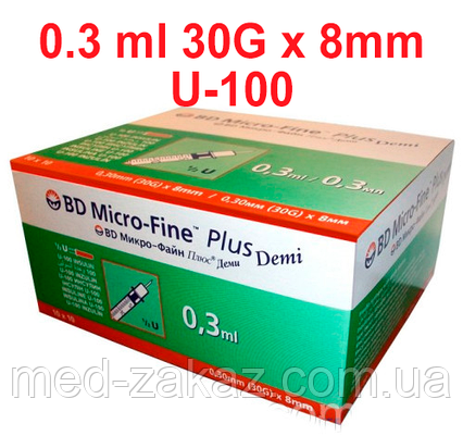 Інсуліновий Шприц BD Micro-Fine Plus Demi 0,3 мл 30G 0,30 x 8 мм U-100 (100 шт.) REF 320829