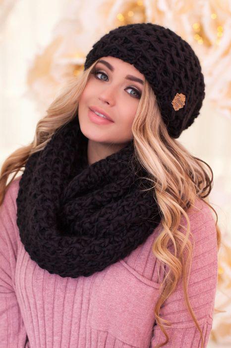 Зимовий жіночий комплект «Марена» (шапка і шарф-снуд) Чорний