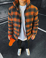 Мужская тёплая зимняя куртка в клетку оранжевая с серым (без капюшона)