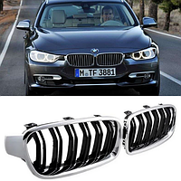 Решетка ноздри BMW (БМВ) 3 series (F30, F31) 2012-2019 - Черный глянец 2 ребра + Хром