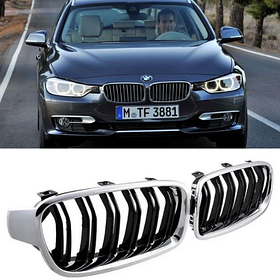 Решітка ноздрі BMW (БМВ) 3 series (F30, F31) 2012-2019 - Чорний глянець 2 ребра + Хром