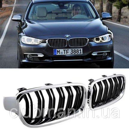 Решітка ноздрі BMW (БМВ) 3 series (F30, F31) 2012-2019 - Чорний глянець 2 ребра + Хром, фото 1
