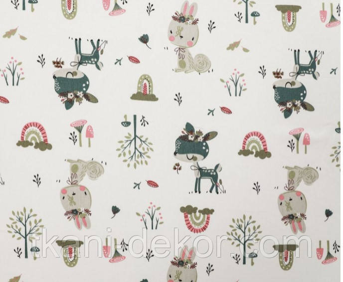 Сатин (бавовняна тканина) Оленята з віночками, фото 1