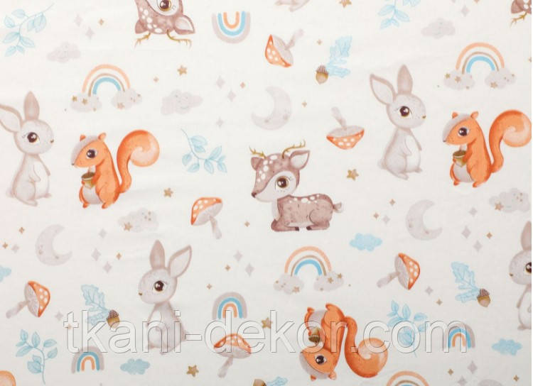 Сатин (бавовняна тканина) Зайці, білки з веселками на молочному (0,7*160), фото 1