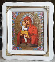 Икона Пресвятая Богородица Почаевская в белом фигурном киоте с декорат. уголочками, размер 24×21, лик 15*18.