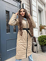 Зимове жіноче пальто з екошкіри з поясом