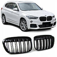 Решетка ноздри BMW (БМВ) X1 Series F48, F49 (2016-2019) Черный Глянец 2 ребра