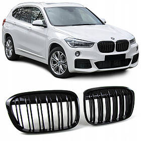 Решітка ноздрі BMW (БМВ) X1 Series F48, F49 (2016-2019) Чорний Глянець 2 ребра