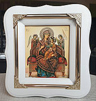 Икона П.Б. Всецарица в белом фигурном деревянном киоте под стеклом с декор. уголочк, размер 19×17, лик 10×12