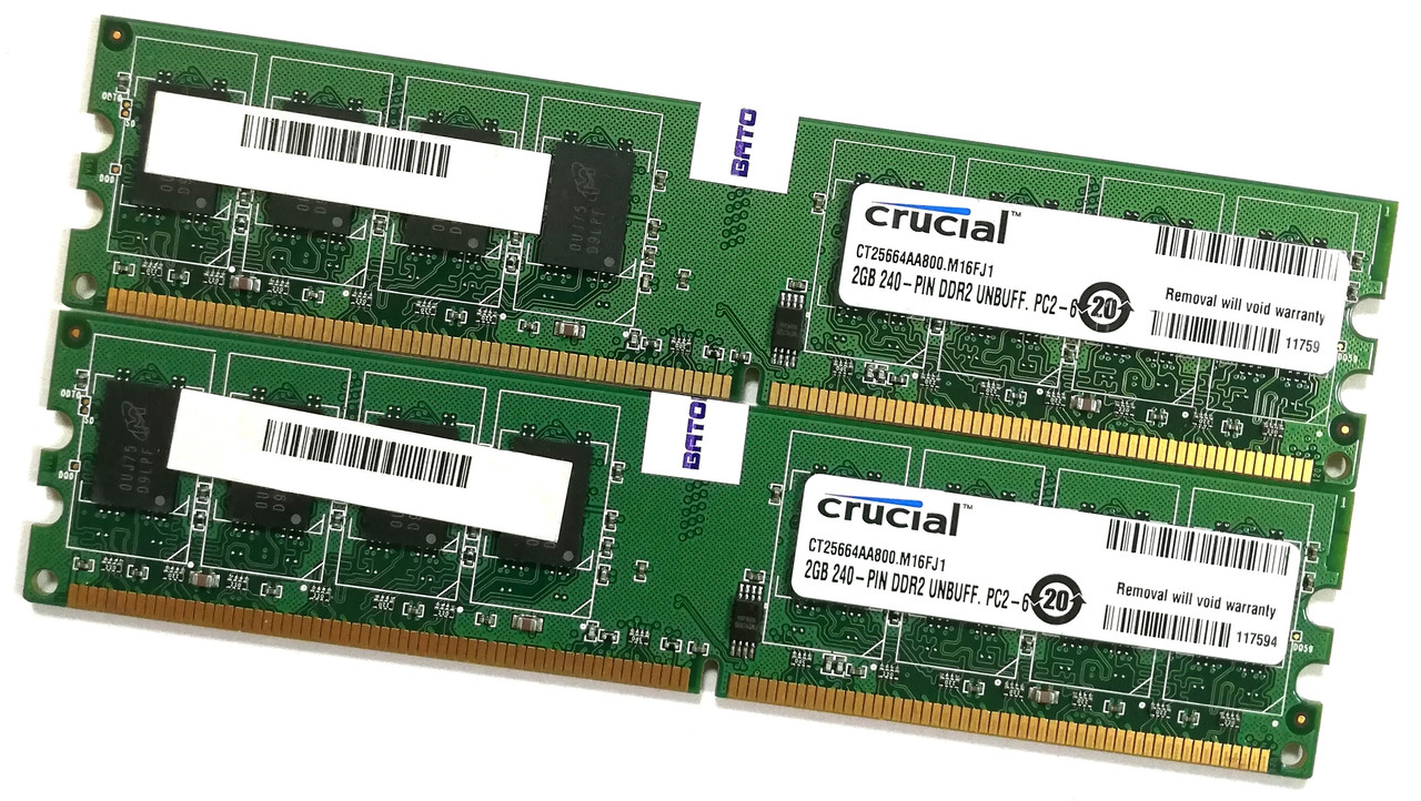 Пара оперативної пам'яті Crucial DDR2 4Gb (2Gb+2Gb) 800MHz PC2 6400U CL6 (CT25664AA800.M16FJ1) Б/В