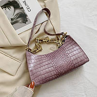 Женская сумка через плечо багет на ремешке толстой цепочке рептилия крокодиловая кожа фиолетовая лиловая