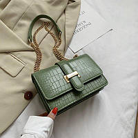 Женская классическая сумка рептилия через плечо кросс-боди на толстой цепочке зеленая хаки оливковая