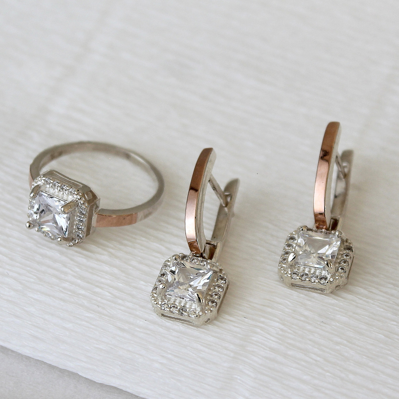 Срібна каблучка та сережки з золотими вставками Магічний квадрат, фото 1