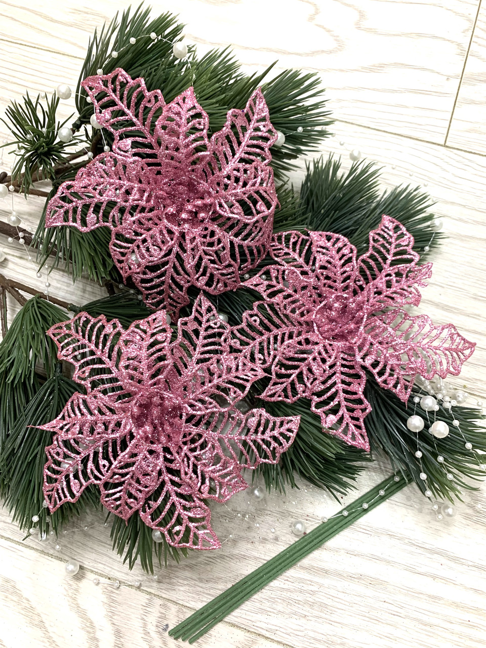 Новогодний декор. Різдвяна квітка-пуансеттія (рожева 12 см), фото 1