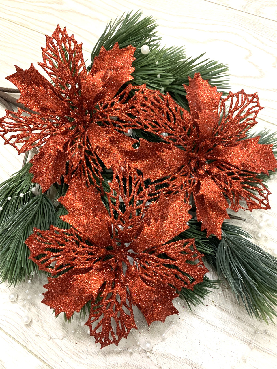 Новогодний декор. Квітка різдвяна — пуансеттія ажурна ( червона 15 см)
