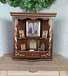 Іконостас, кутова полиця для ікон ручної роботи з дерева з нижнім декором від виробника (лісовий горіх)