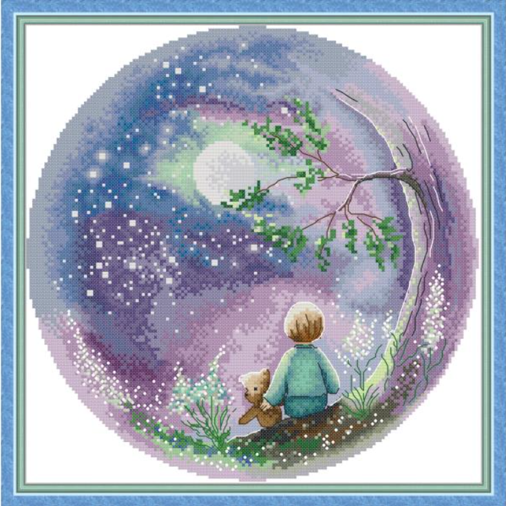 Набір для вишивання за нанесеною на канву схемою "Looking up at the moon". AIDA 14CT printed 34*34 см, фото 1