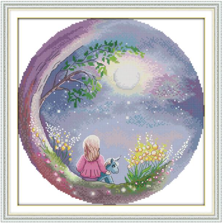Набір для вишивання за нанесеною на канву схемою "Looking up at the moon sky 2". AIDA 14CT printed 34*34 см