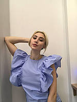 Блуза женская голубая базовая коттоновая дизайнерская с воланами Modna KAZKA MKAD7494-02