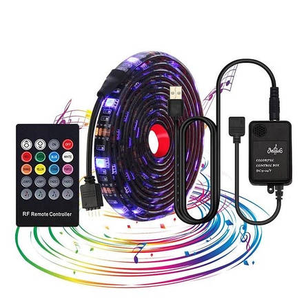 Світлодіодна стрічка 5м LED 5V 5050 + музичний контролер + адаптер RGB Комплект, фото 2