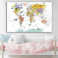 Картина детская карта мира с животными и птицами 80, 1, 120