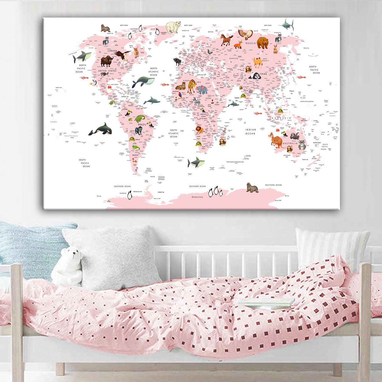 Картина карта світу з тваринами для дівчинки, фото 1