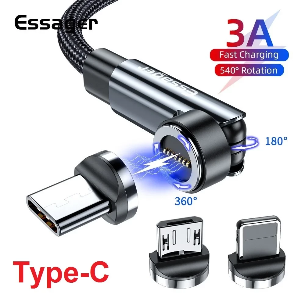 Магнітний Кабель Essager Type-C USB 3A 7pin Кутовий 180 градусів 540 об. для швидкого Заряджання та Передавання даних
