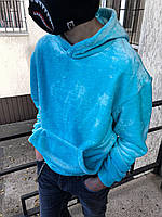 Голубая кофта худи мужская зимняя мягкая однотонная с капюшоном