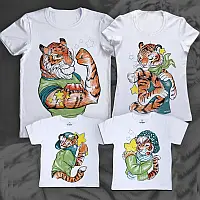 Футболки новогодние Фэмили Лук Family Look для всей семьи "Тигры в зеленой одежде" Push IT