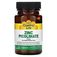 Country Life, Пиколинат цинка, 25 мг, Zinc Picolinate,100 таблеток