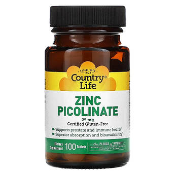 Country Life, Піколінат цинку, 25 мг, Zinc Picolinate, 100 таблеток
