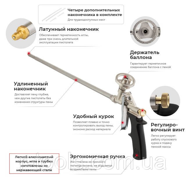 Пистолет для пены с длинным носиком 500 мм + 4 насадки INTERTOOL PT-0650 - фото 7 - id-p1500188438