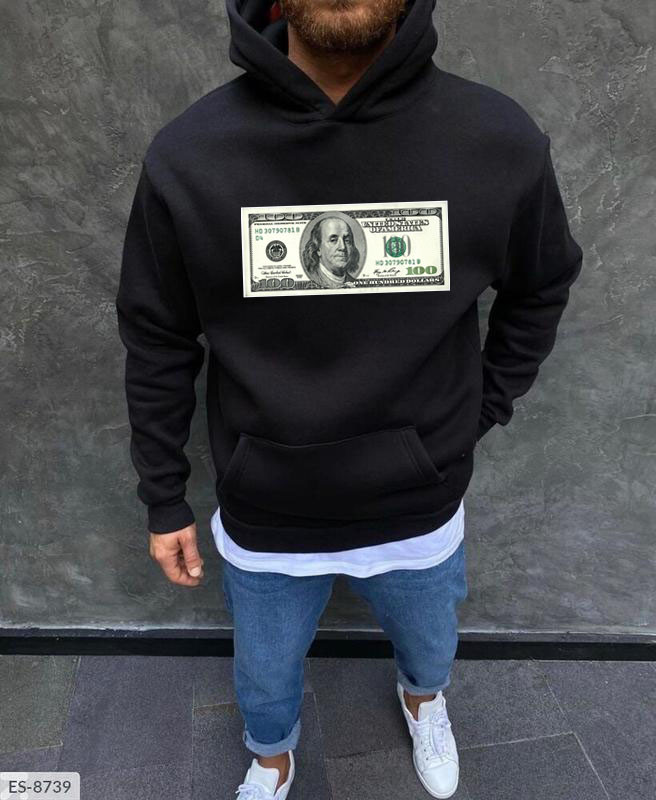 Худі чоловіче на флісі з принтом 100 доларів, фото 1