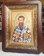 Икона Василий Великий в темном деревянном фигурном киоте под стеклом, размер киота 32*42, сюжет 20×30