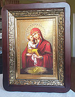 Ікона Почаївська Божа Матір у темному дерев'яному фігурному кіоті під склом, розмір кіота 32*42, сюжет 20×30