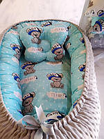 Кокон ( позиционер , гнездышко) для новорожденных Серый с мишками + подушечка ортопедическая плюш бязь