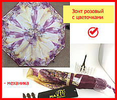 Парасолька рожева з квіточками жіноча механічна MAX, парасолька рожева від дощу, парасолька кишенькова ріжева