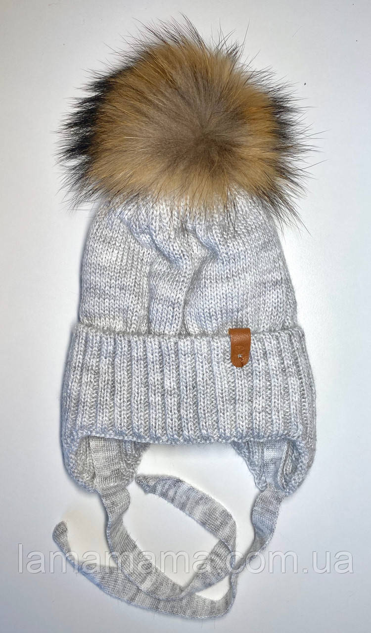 Зимова в'язана шапка на зав'язках з натуральним помпоном Тимоха сірий, фото 1