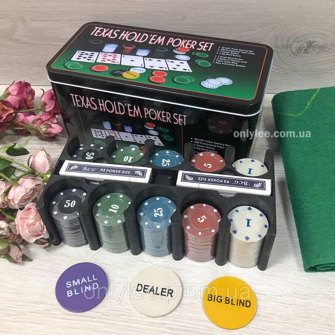 Набор для игры в покер Texas Hold'em Poker Set с сукном на 200 фишек с номиналом в металлической коробке - фото 1 - id-p1500285912